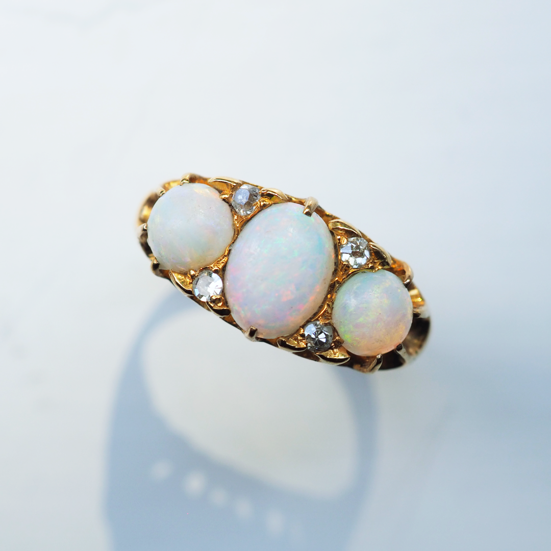 1897 Opal & Diamond Gold Boat Ring - Antique
