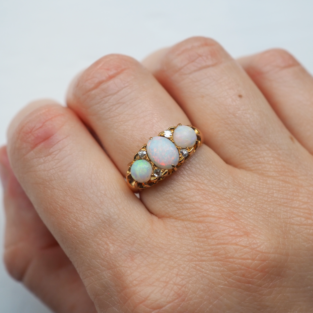 1897 Opal & Diamond Gold Boat Ring - Antique