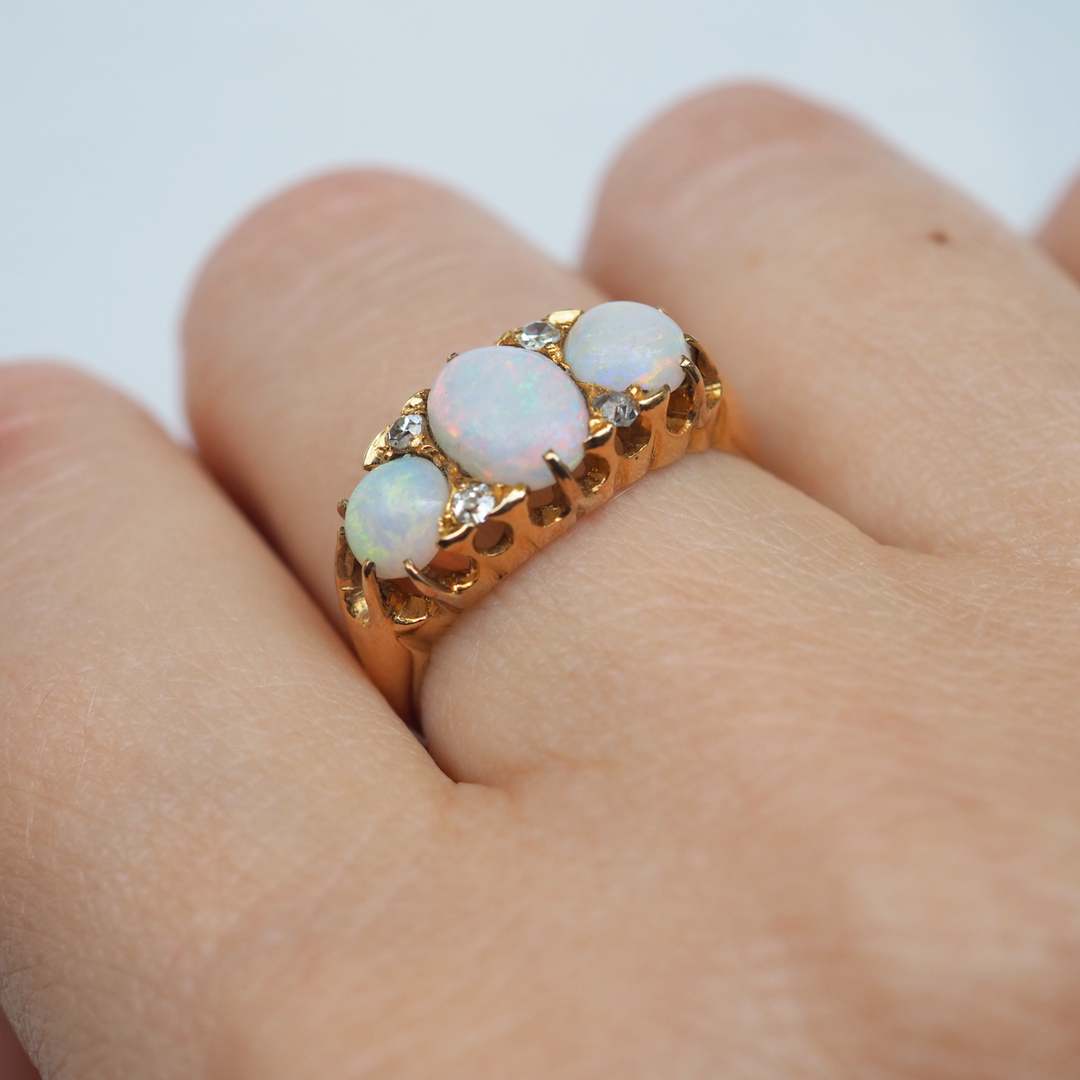 1897 Opal & Diamond Gold Boat Ring - Antique