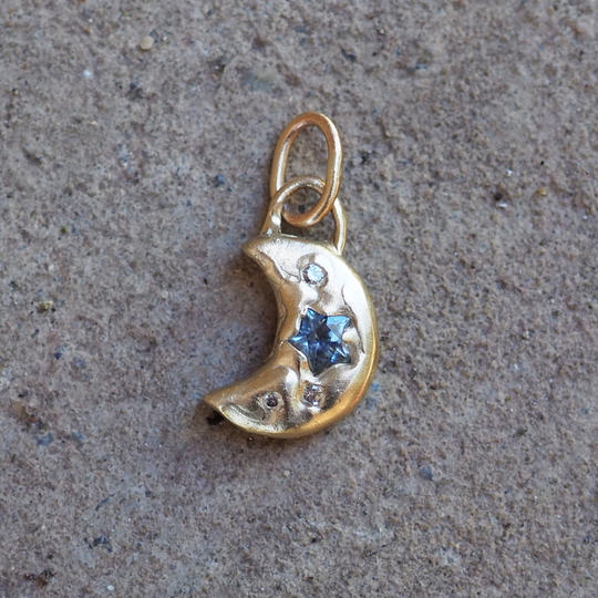 Star Crescent Moon Pendant - 0.21ct Montana Star Sapphire - 9ct Yellow Gold