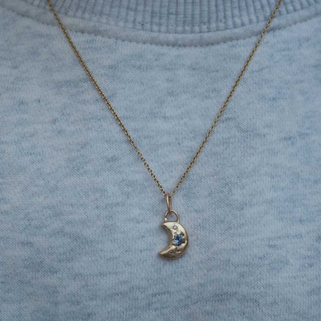 Star Crescent Moon Pendant - 0.21ct Montana Star Sapphire - 9ct Yellow Gold