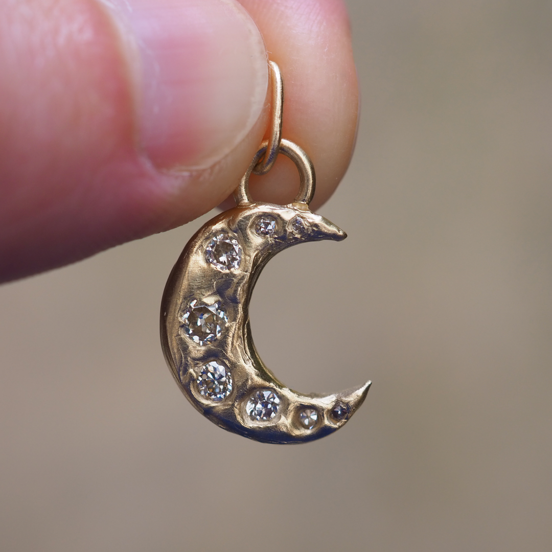 Celestial Crescent Moon Pendant - 0.44ct Antique Diamond - 9ct Yellow Gold
