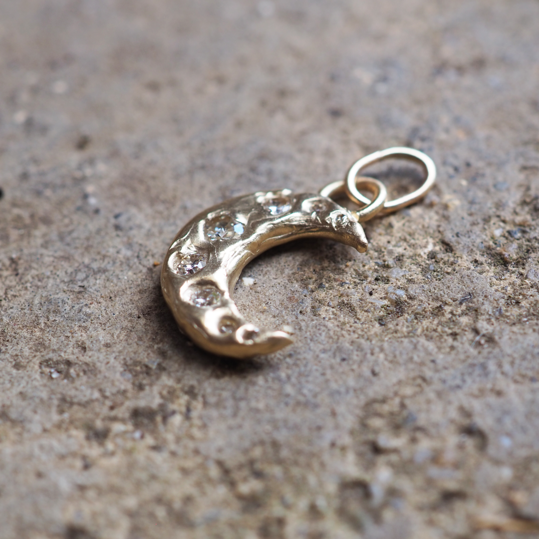 Celestial Crescent Moon Pendant - 0.44ct Antique Diamond - 9ct Yellow Gold