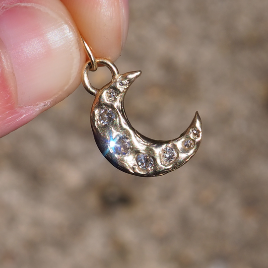 Celestial Crescent Moon Pendant - 0.44ct Antique Diamond - 9ct Yellow Gold