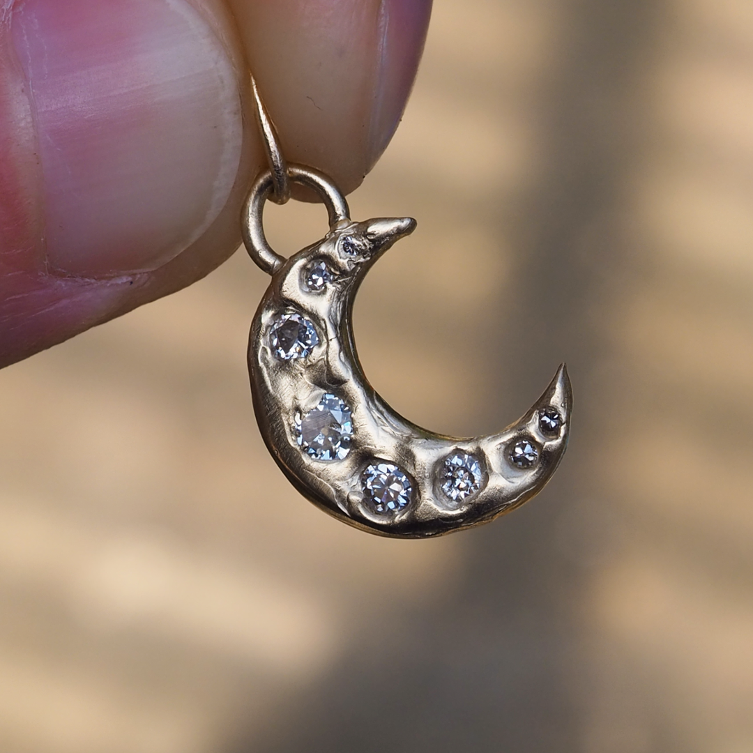 Celestial Crescent Moon Pendant - 0.44ct Antique Diamond - 9ct Yellow Gold