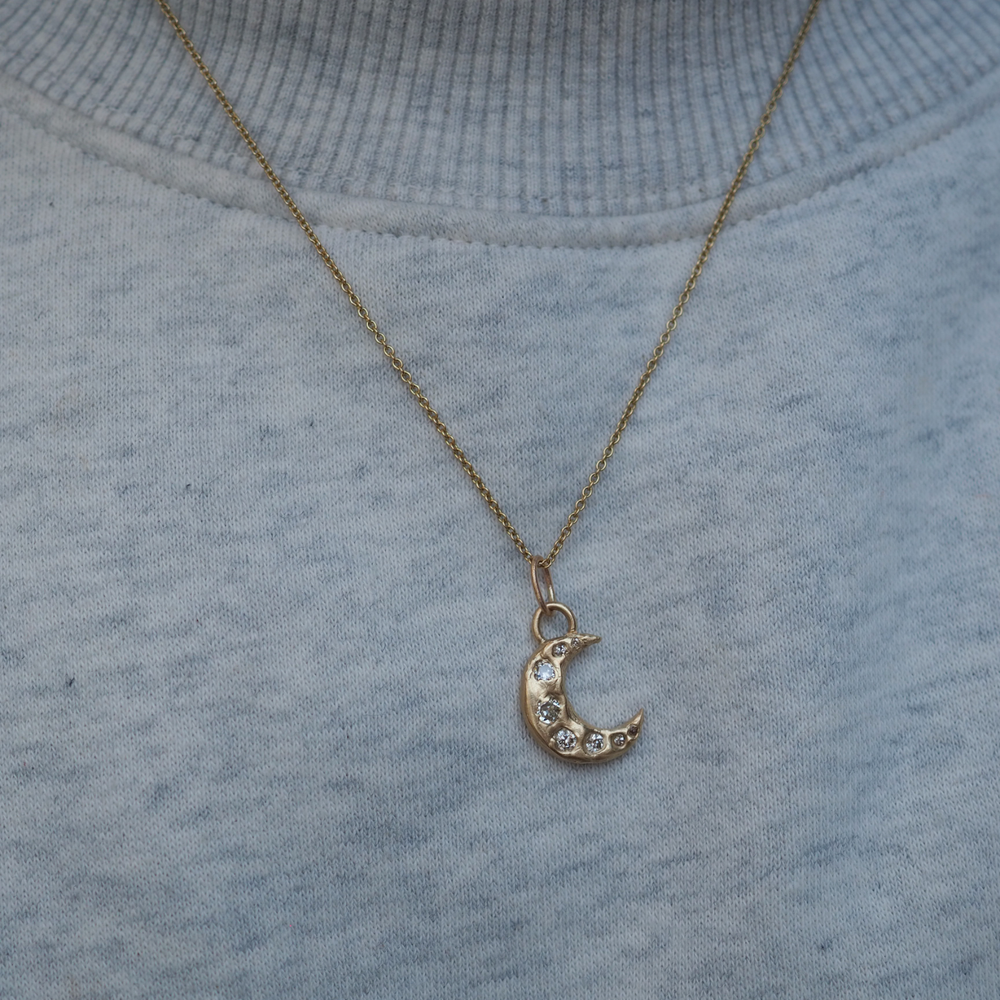 Celestial Crescent Moon Pendant - 0.44ct Antique Diamond - 9ct Yellow Gold