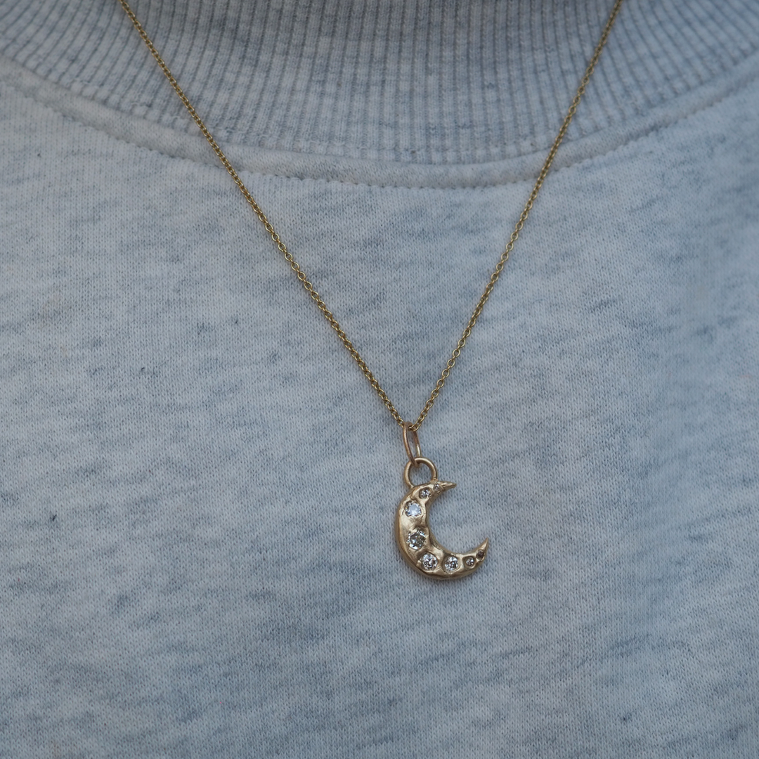Celestial Crescent Moon Pendant - 0.44ct Antique Diamond - 9ct Yellow Gold