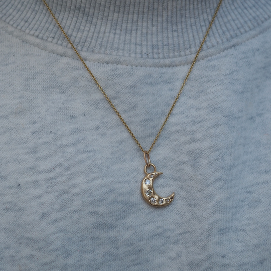 Celestial Crescent Moon Pendant - 0.44ct Antique Diamond - 9ct Yellow Gold