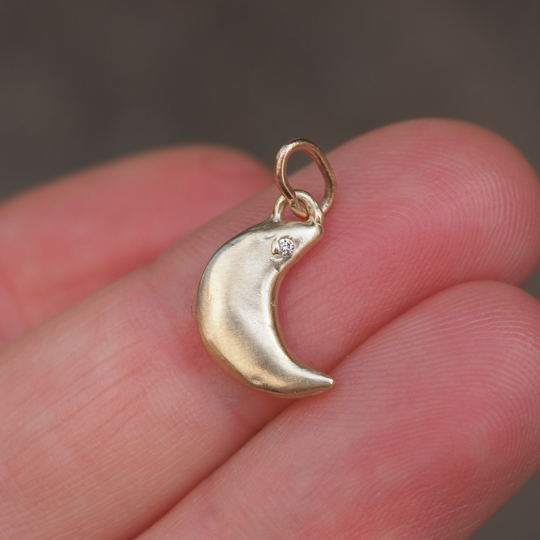 Diamond Puffy Moon Pendant - 9ct Yellow Gold