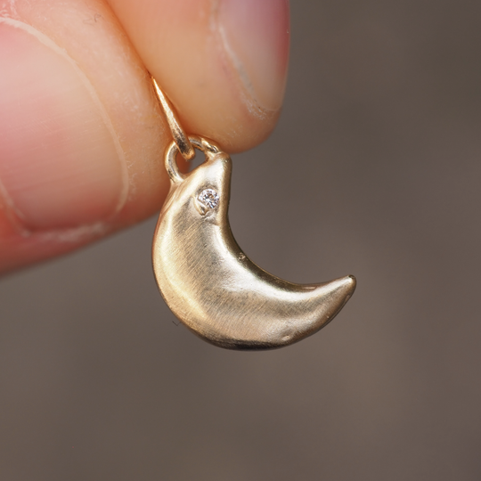 Diamond Puffy Moon Pendant - 9ct Yellow Gold