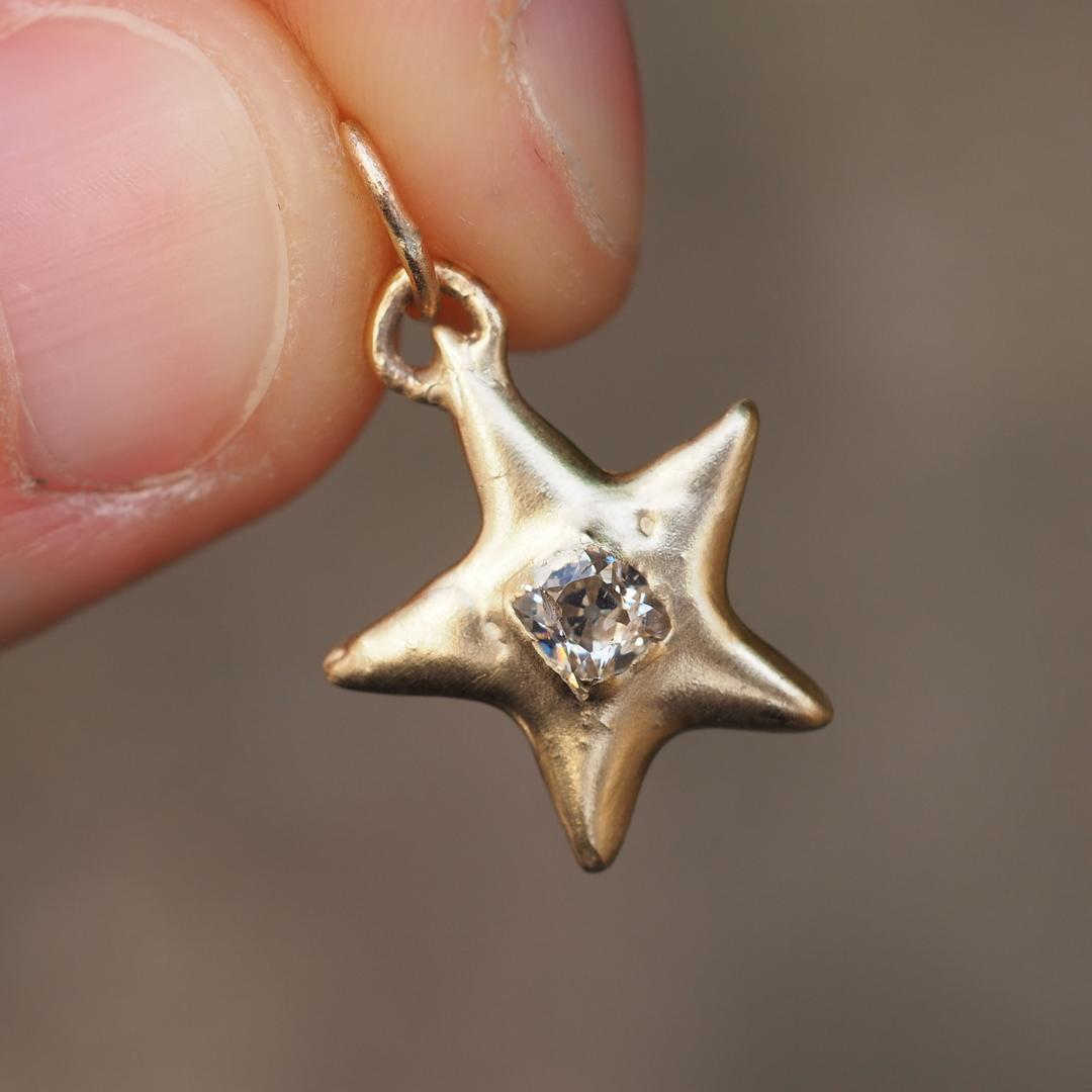 Big Puffy Star Pendant - 0.32ct Old Mine Cut Diamond - 9ct Yellow Gold