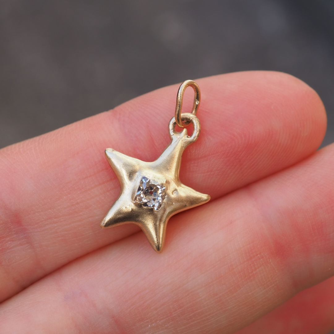 Big Puffy Star Pendant - 0.32ct Old Mine Cut Diamond - 9ct Yellow Gold