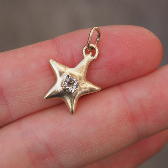 Big Puffy Star Pendant - 0.32ct Old Mine Cut Diamond - 9ct Yellow Gold