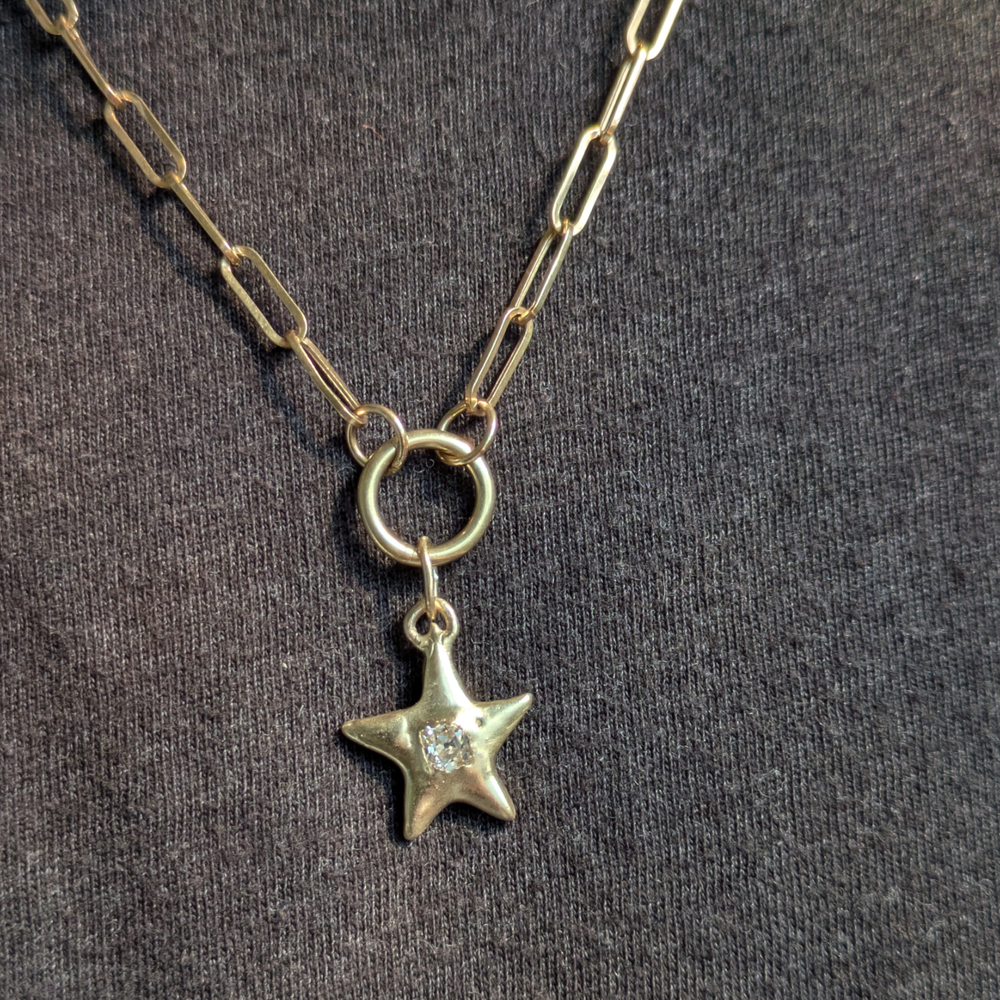Big Puffy Star Pendant - 0.32ct Old Mine Cut Diamond - 9ct Yellow Gold