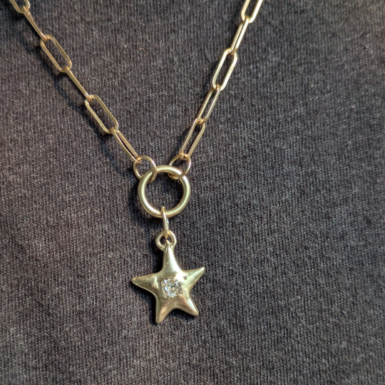 Big Puffy Star Pendant - 0.32ct Old Mine Cut Diamond - 9ct Yellow Gold