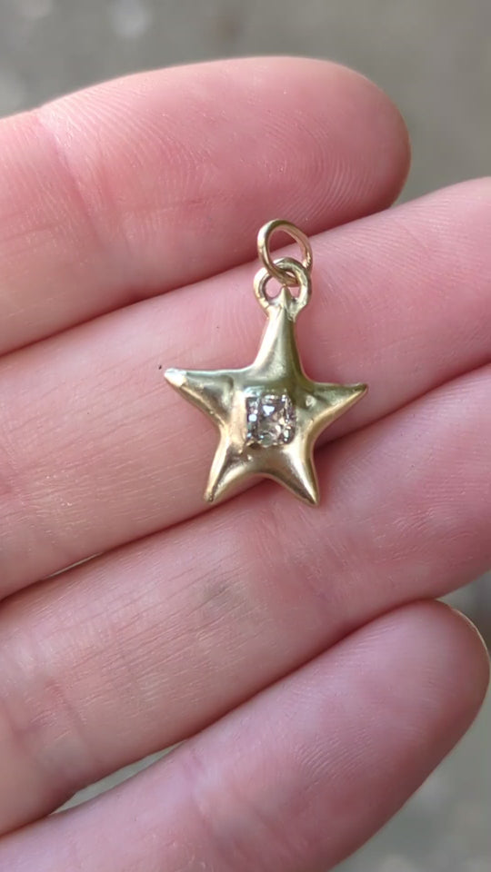 Big Puffy Star Pendant - 0.32ct Old Mine Cut Diamond - 9ct Yellow Gold