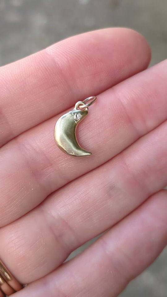 Diamond Puffy Moon Pendant - 9ct Yellow Gold