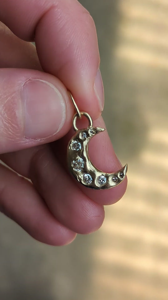 Celestial Crescent Moon Pendant - 0.44ct Antique Diamond - 9ct Yellow Gold